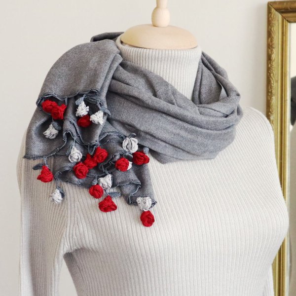 画像2: ROSE 【Made to order 受注製作】パシュミナストール「ローズ」チャコール・グレー (2)