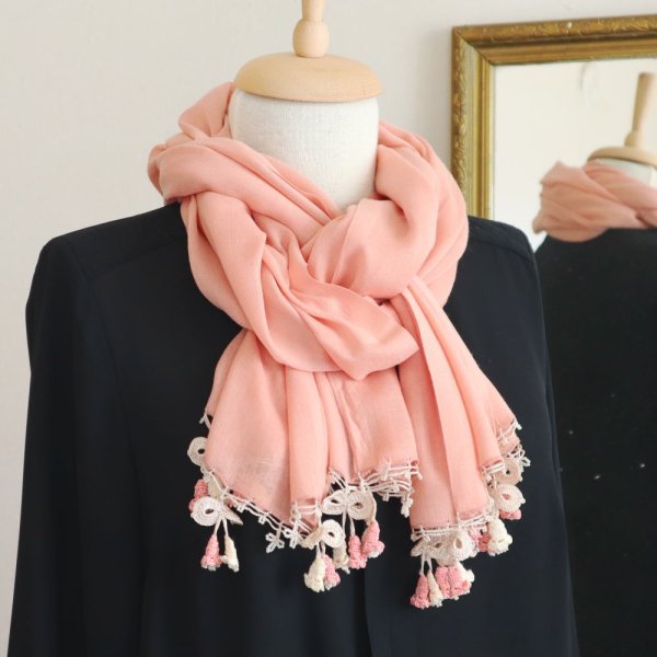 画像4: CAMPANELLA 【Made to order 受注制作】薄手パシュミナストール「カンパネラ」ピーチ・ピンク (4)